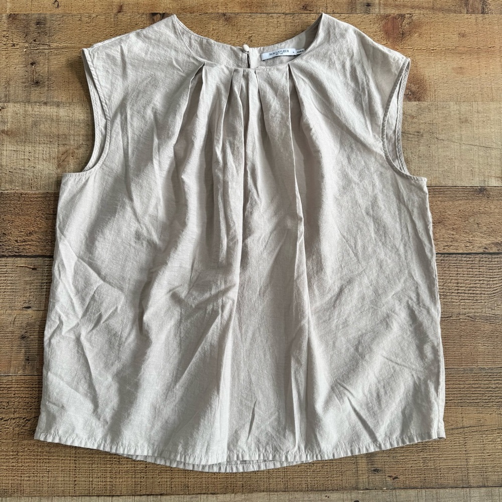 MM. LaFleur Sleeveless Pleated Linen Blend Top in Light Beige